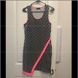 Black and white stripe asymmetric dress with hot pink accent